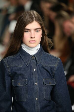 NEW YORK, NY - FEBRUARY 10: A model walks the runway at the Calvin Klein Collection Autumn Winter...