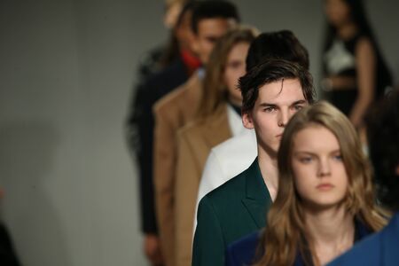 NEW YORK, NY - FEBRUARY 10: Models walk the runway finale at the Calvin Klein Collection Autumn Winter 2017 fashion show during New York Fashion Week on February 10, 2017 in New York City.のeditorial素材