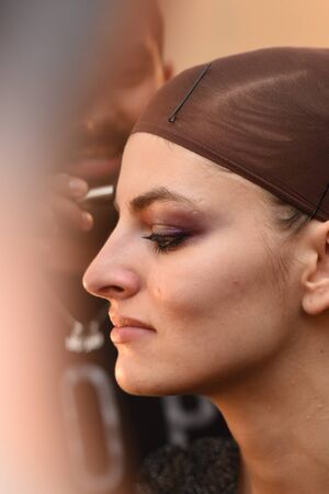 NEW YORK, NY - FEBRUARY 11: A model posing backstage for the Georgine collection during New York Fashion Week on February 11, 2017 in New York City.のeditorial素材