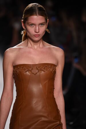 NEW YORK, NY - FEBRUARY 11: A model walks the runway for the Jonathan Simkhai collection during, New York Fashion Week on February 11, 2017 in New York City.のeditorial素材