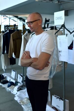 NEW YORK, NY - JULY 11: Hugo Boss designer Ingo Wilts  posing backstage at the BOSS - Hugo Boss show during NYFW Mens Spring Summer 2018 at 11 Fulton street on July 11, 2017 in New York City.のeditorial素材