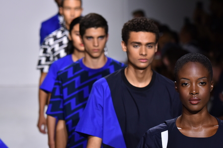 NEW YORK, NY - JULY 11: Models walk the runway finale at the Carlos Campos show during NYFW Mens Spring Summer 2018 at Skylight Clarkson Sq on July 11, 2017 in New York City.のeditorial素材