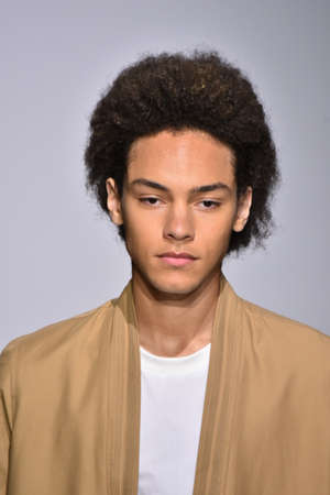 NEW YORK, NY - JULY 11: A model walks the runway at the Carlos Campos show during NYFW Mens Spring Summer 2018 at Skylight Clarkson Sq on July 11, 2017 in New York City.のeditorial素材