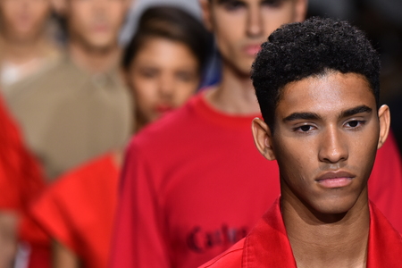 NEW YORK, NY - JULY 11: Models walk the runway finale at the Carlos Campos show during NYFW Mens Spring Summer 2018 at Skylight Clarkson Sq on July 11, 2017 in New York City.のeditorial素材