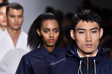 NEW YORK, NY - JULY 11: Models walk the runway finale at the Carlos Campos show during NYFW Mens Spring Summer 2018 at Skylight Clarkson Sq on July 11, 2017 in New York City.のeditorial素材