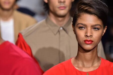 NEW YORK, NY - JULY 11: Models walk the runway finale at the Carlos Campos show during NYFW Mens Spring Summer 2018 at Skylight Clarkson Sq on July 11, 2017 in New York City.のeditorial素材