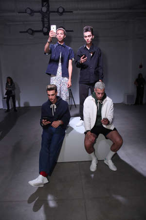 NEW YORK, NY - JULY 11: Models pose during the Death To Tennis presentation during NYFW: Men's July 2017 at Skylight Clarkson Sq on July 11, 2017 in New York City.のeditorial素材