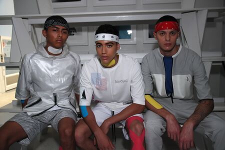 NEW YORK, NY - JULY 11: Models pose during the Dyne presentation during NYFW: Mens July 2017  on July 11, 2017 in New York City.のeditorial素材