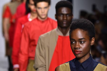 NEW YORK, NY - JULY 11: Models walk the runway finale at the Carlos Campos show during NYFW Mens Spring Summer 2018 at Skylight Clarkson Sq on July 11, 2017 in New York City.のeditorial素材