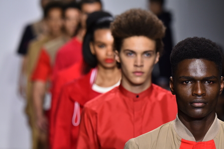 NEW YORK, NY - JULY 11: Models walk the runway finale at the Carlos Campos show during NYFW Mens Spring Summer 2018 at Skylight Clarkson Sq on July 11, 2017 in New York City.のeditorial素材