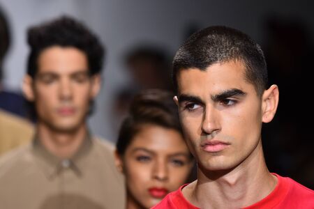 NEW YORK, NY - JULY 11: Models walk the runway finale at the Carlos Campos show during NYFW Mens Spring Summer 2018 at Skylight Clarkson Sq on July 11, 2017 in New York City.のeditorial素材