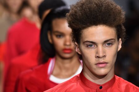 NEW YORK, NY - JULY 11: Models walk the runway finale at the Carlos Campos show during NYFW Mens Spring Summer 2018 at Skylight Clarkson Sq on July 11, 2017 in New York City.のeditorial素材