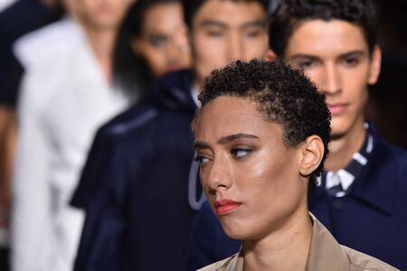 NEW YORK, NY - JULY 11: Models walk the runway finale at the Carlos Campos show during NYFW Mens Spring Summer 2018 at Skylight Clarkson Sq on July 11, 2017 in New York City.のeditorial素材