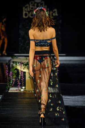 MIAMI BEACH, FL - JULY 22: A model walks the runway at the Agua Bendita fashion show during Funkshion Swim Fashion Week at Setai Hotel on July 22, 2017 in Miami Beach, Florida.のeditorial素材