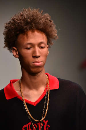 NEW YORK, NY - JULY 12: A model walks the runway at the Landlord show during NYFW: Mens July 2017 at Skylight Clarkson Sq on July 12, 2017 in New York City.のeditorial素材