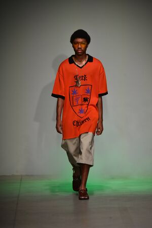 NEW YORK, NY - JULY 12: A model walks the runway at the Landlord show during NYFW: Mens July 2017 at Skylight Clarkson Sq on July 12, 2017 in New York City.のeditorial素材