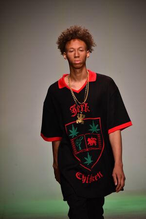 NEW YORK, NY - JULY 12: A model walks the runway at the Landlord show during NYFW: Mens July 2017 at Skylight Clarkson Sq on July 12, 2017 in New York City.のeditorial素材