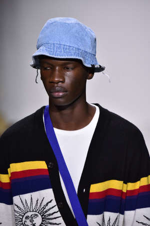 NEW YORK, NY - JULY 12: A model walks the runway at the Ovadia and Sons Spring 2018 Collection at Skylight Clarkson Sq on July 12, 2017 in New York City.のeditorial素材