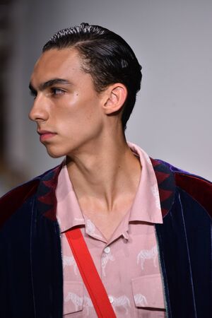 NEW YORK, NY - JULY 12: A model walks the runway at the Ovadia and Sons Spring 2018 Collection at Skylight Clarkson Sq on July 12, 2017 in New York City.のeditorial素材