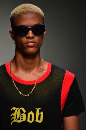 NEW YORK, NY - JULY 12: A model walks the runway at the Landlord show during NYFW: Mens July 2017 at Skylight Clarkson Sq on July 12, 2017 in New York City.のeditorial素材