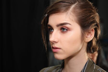 NEW YORK, NY - SEPTEMBER 07: A model posing backstage before the Brock Collection fashion show during New York Fashion Week on September 7, 2017 in New York City.のeditorial素材