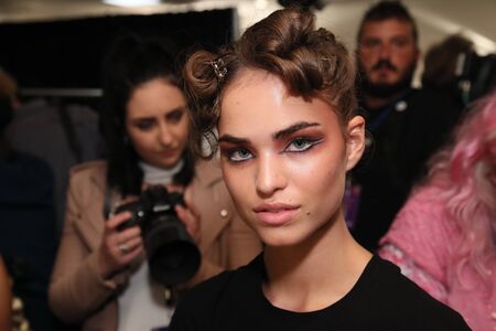 NEW YORK, NY - SEPTEMBER 09: A model  posing  backstage for the Philipp Plein fashion show during New York Fashion Week: The Shows at Hammerstein Ballroom on September 9, 2017 in New York City.のeditorial素材