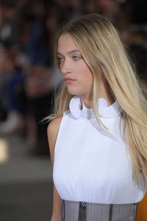 NEW YORK, NY - SEPTEMBER 09: A model walks the runway wearing Tibi Spring 2018 during New York Fashion Week on September 9, 2017 in New York City.のeditorial素材