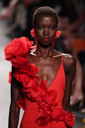 NEW YORK, NY - SEPTEMBER 12: A model walks the runway at the Badgley Mischka fashion show during New York Fashion Week: The Shows at Gallery 1, Skylight Clarkson Sq on September 12, 2017 in New York City.のeditorial素材