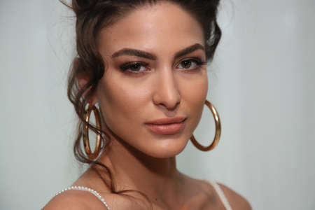 New York, NY, USA - October 7, 2017: A model posing backstage before  Julie Vino Havana 2018 Bridal Collection runway show at 404 10th Avenue during New York Bridal week, New York City.のeditorial素材