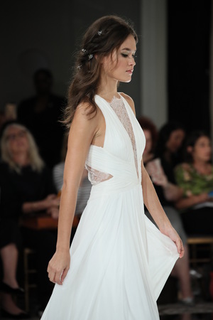 NEW YORK - OCTOBER 7: A model walks the runway for Pronovias   Bridal show Fall/Winter 2018 Collection during Bridal Fashion Week on October 7, 2017 in New York City.のeditorial素材