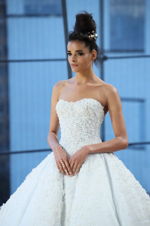 NEW YORK - OCTOBER 6: A model walks the runway for Ines Di Santo   Bridal show Fall/Winter 2018 Collection during Bridal Fashion Week on October 6, 2017 in New York City.のeditorial素材