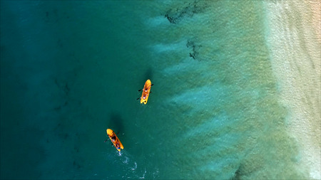 Top view aerial photo from flying drone of an amazing seascape with paradise beach and sea with...
