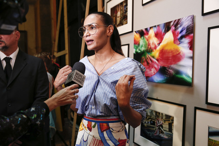MILAN, ITALY - SEPTEMBER 24: Fashion designer Stella Jean backstage ahead of the Stella Jean show during Milan Fashion Week Spring/Summer 2018 on September 24, 2017 in Milan, Italy.のeditorial素材