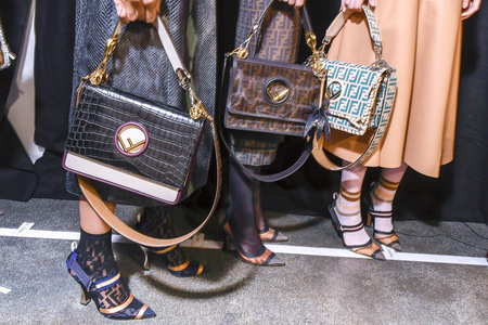 MILAN, ITALY - SEPTEMBER 21: A model is seen backstage ahead of the Fendi show during Milan Fashion Week Spring/Summer 2018 on September 21, 2017 in Milan, Italy.のeditorial素材