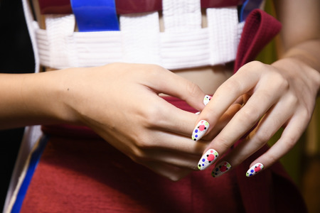 MILAN, ITALY - SEPTEMBER 22: A model is seen backstage ahead of the Byblos Milano show during Milan Fashion Week Spring/Summer 2017 on September 22, 2016 in Milan, Italy.のeditorial素材