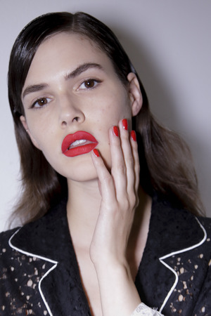 MILAN, ITALY - SEPTEMBER 23: A model is seen backstage ahead of the Blumarine show during Milan Fashion Week Spring/Summer 2018 on September 23, 2017 in Milan, Italy.のeditorial素材