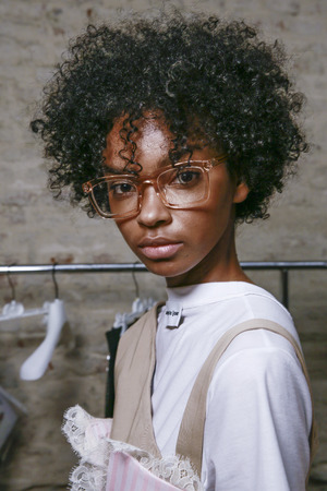 MILAN; ITALY - SEPTEMBER 24: A model is seen ahead backstage of the Au Jour Le Jour show during Milan Fashion Week Spring/Summer 2018 on September 24; 2017 in Milan; Italy.のeditorial素材