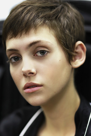 MILAN, ITALY - SEPTEMBER 22: A model is seen backstage ahead of the Annakiki show during Milan Fashion Week Spring/Summer 2018on September 22, 2017 in Milan, Italy.のeditorial素材