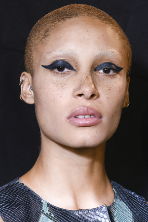 MILAN, ITALY - SEPTEMBER 21: A model is seen backstage ahead of the Fendi show during Milan Fashion Week Spring/Summer 2018on September 21, 2017 in Milan, Italy.のeditorial素材