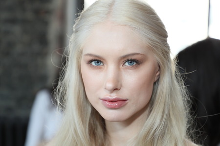 NEW YORK, NY - APRIL 14: A model posing backstage before the Watters Spring 2019  Bridal fashion show on April 14, 2018 in New York City.のeditorial素材