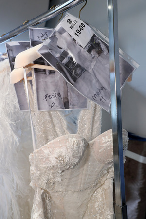 NEW YORK, NY - APRIL 13: Bridal dresses are seen backstage before the Berta Bridal Spring 2019  Fashion show on April 13, 2018 in New York City.のeditorial素材