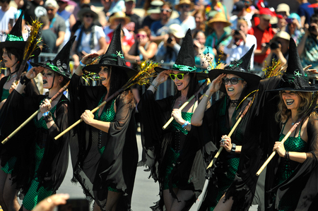 NEW YORK, NY - JUNE 16: The Salmon Witch Tryals  participate in the 36th annual Mermaid Parade in Coney Island on June 16, 2018 in New York City.のeditorial素材