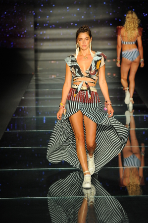 MIAMI BEACH, FL - JULY 15: A model walks the runway for Maaji during the Paraiso Fasion Fair at The Paraiso Tent on July 15, 2018 in Miami Beach, Florida.のeditorial素材