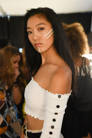 MIAMI BEACH, FL - JULY 15: A model posing backstage before the  Montce Swim Resort Spring 2019 during the Paraiso Fashion Fair at The Paraiso Tent on July 15, 2018 in Miami Beach, Florida.のeditorial素材