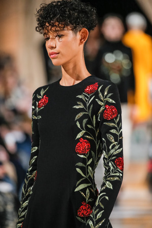 NEW YORK, NY - FEBRUARY 12: A model walks the runway at Oscar De La Renta fashion show during February 2018 New York Fashion Week at The Cunard Building on February 12, 2018 in New York City.のeditorial素材
