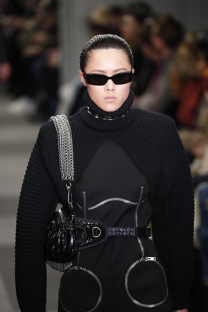 NEW YORK, NY - FEBRUARY 10: A model walks the runway at Alexander Wang Fashion Show during New York...