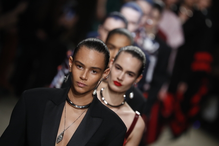 PARIS, FRANCE - MARCH 05: Models walk the runway finale during the Alexander McQueen show as part of Paris Fashion Week Womenswear Fall/Winter 2018/2019 on March 5, 2018 in Paris, France.のeditorial素材
