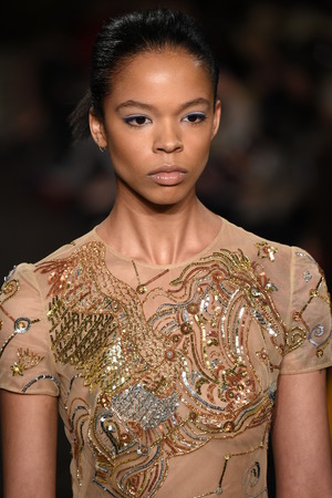 NEW YORK, NY - FEBRUARY 12: A model walks the runway during the Dennis Basso show as part of February 2018 at New York Fashion Week at St. Bartholomew's Church on February 12, 2018 in New York City.のeditorial素材