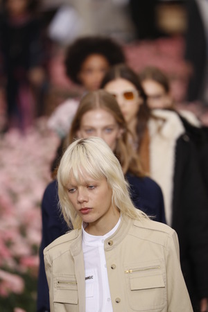 NEW YORK, NY - FEBRUARY 09: Models walk the runway finale during the Tory Burch Fall Winter 2018 Fashion Show during New York Fashion Week at Bridge Market on February 9, 2018 in New York City.のeditorial素材