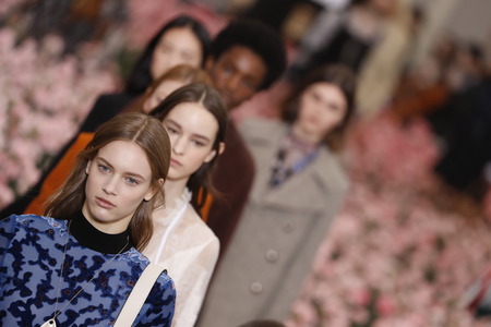 NEW YORK, NY - FEBRUARY 09: Models walk the runway finale during the Tory Burch Fall Winter 2018 Fashion Show during New York Fashion Week at Bridge Market on February 9, 2018 in New York City.のeditorial素材